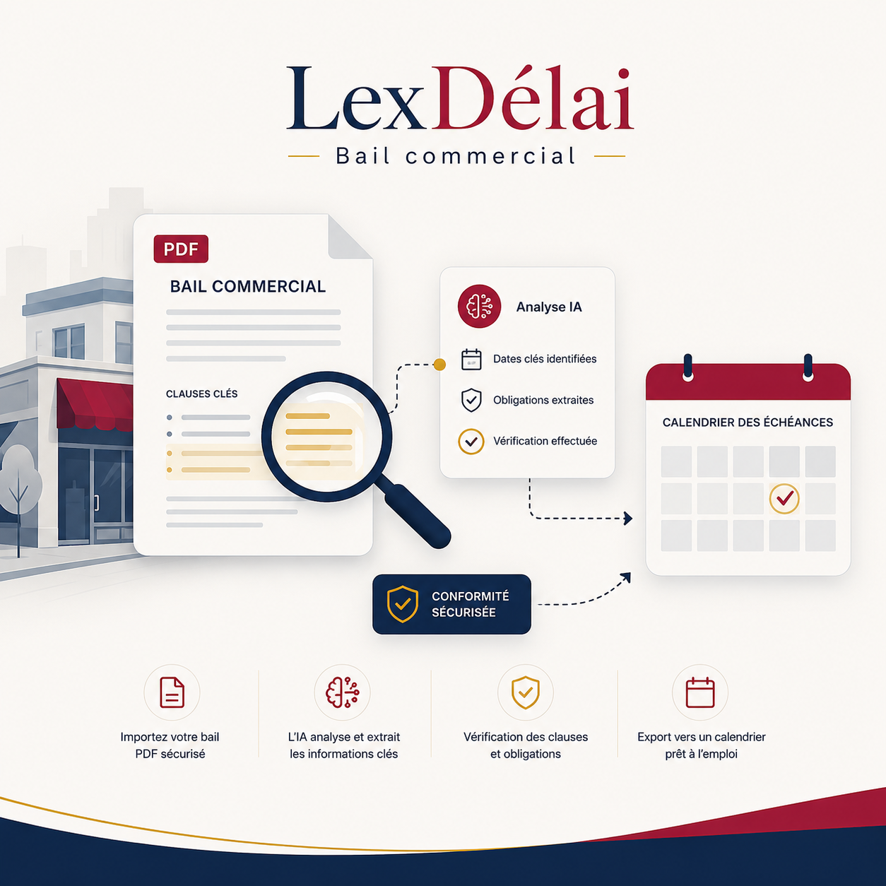 Illustration montrant un bail commercial analysé, des informations extraites puis un calendrier d’échéances généré.
